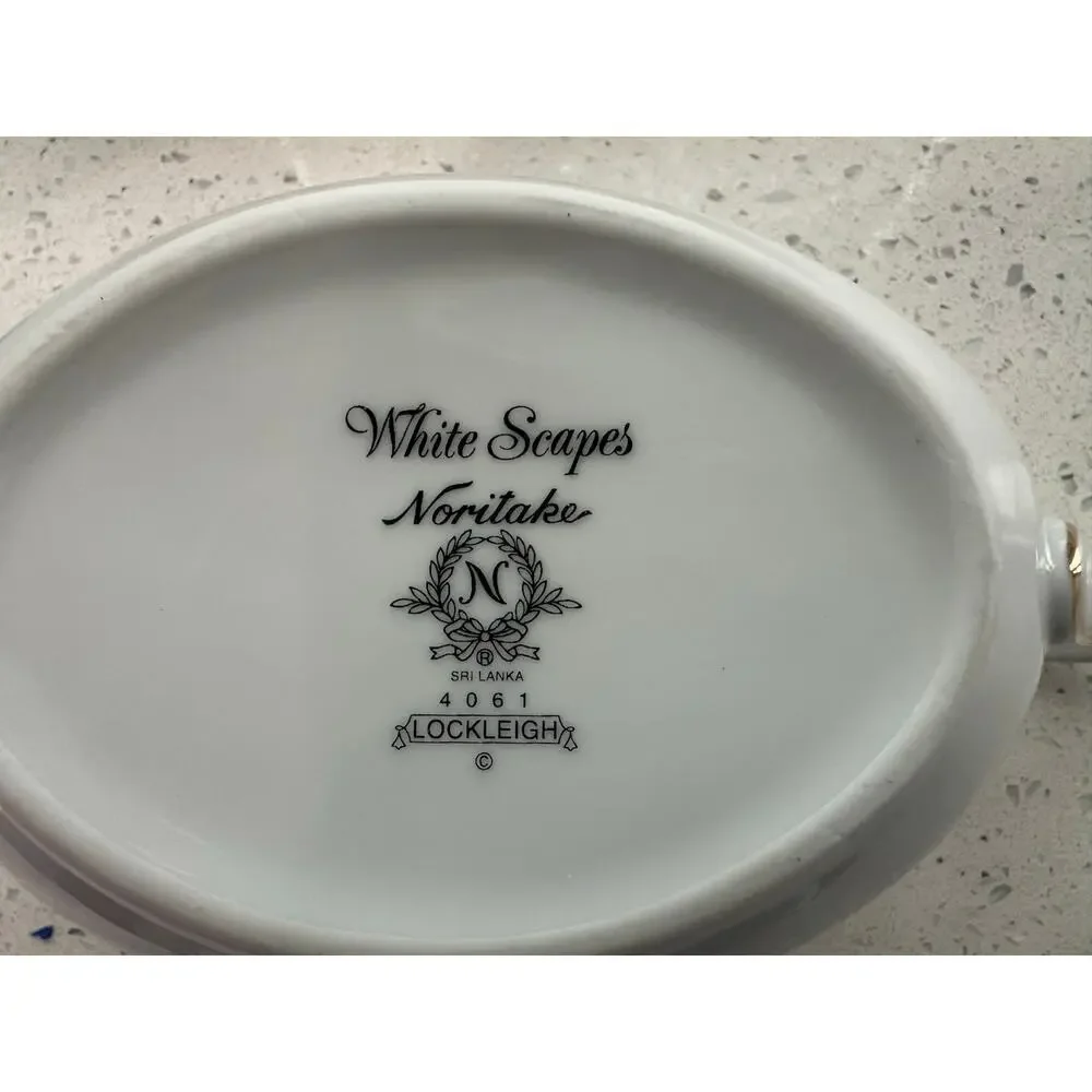 6 piece Noritake White Scapes Sugar/Creamer,Gravy Boat,Platter & Serving Bowl